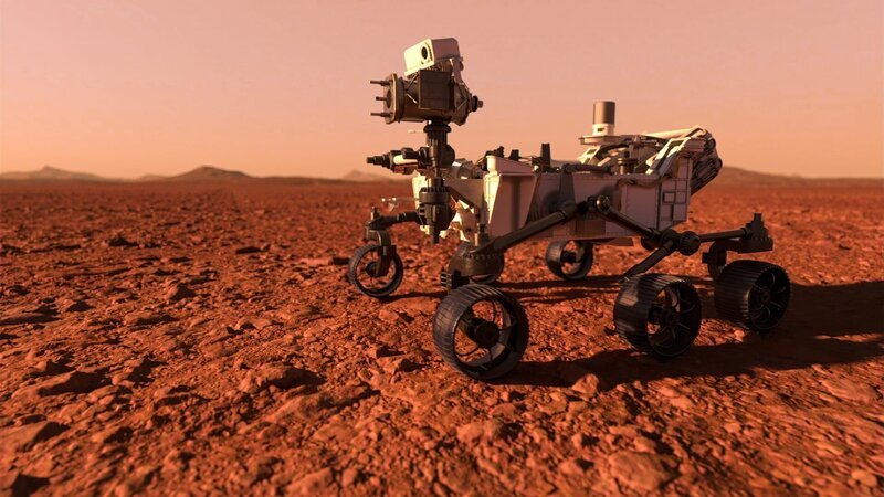 Ausgestattet mit einem speziellen Bodenradar soll der Mars-Rover Perseverance untersuchen, wo auf dem Roten Planeten Wasser zu finden sein könnte. – Bild: Windfall Films Ltd. /​ WeltN24 GmbH