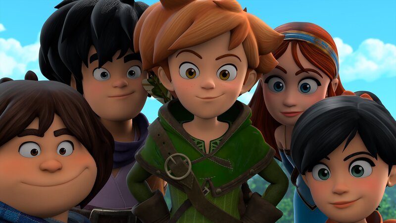 Robin (M.) und seine Freunde Tuck (l.), Little John (2.v.l.), Marian (2.v.r.) und Scarlett (r.) sind gespannt, ob Derke es schafft, den neuen Drachen zu vertreiben. – Bild: Method Animation /​ ZDF /​ ZDF Studios