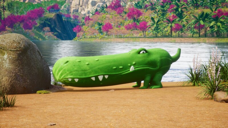 „Hat jemand zufällig ein Baby-Gurkodil gesehen“, scheint dieses ausgewachsene Gurkodil zu fragen. – Bild: ZDF und Cheeky Little Media