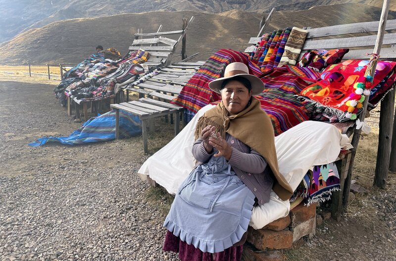 Eine Kunsthandwerkerin an der Zugstation La Raya verkauft Kleidung, Taschen und warme Decken an Reisende. – Bild: Medea Film/​Marita Neher