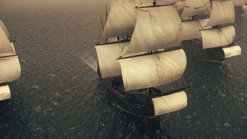 Ships from the Spanish Armarda glide over the ocean waves with full sails on display. – Bild: National Geographic
