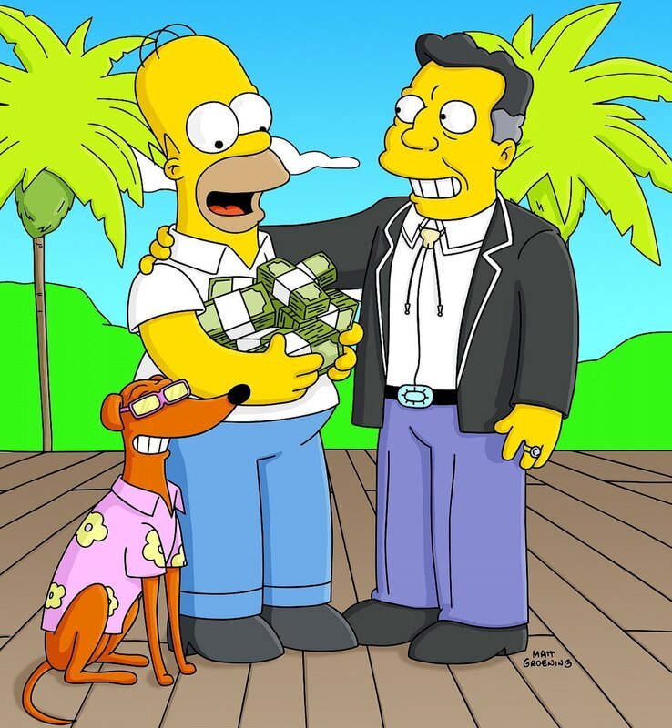 Homer Simpson (M.) winkt viel Geld und Ruhm, denn Knecht Ruprecht (l.) wird von H.K. Duff VII (r.) als neues Maskottchen der Duff-Brauerei auserwählt … – Bild: ProSieben