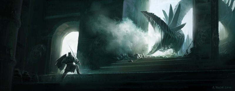 Ein einzelner Krieger steht in einer dunklen Halle und stellt sich einem gewaltigen, schlangenartigen Wesen, das aus den Schatten hervorkommt. – Bild: THE HISTORY CHANNEL