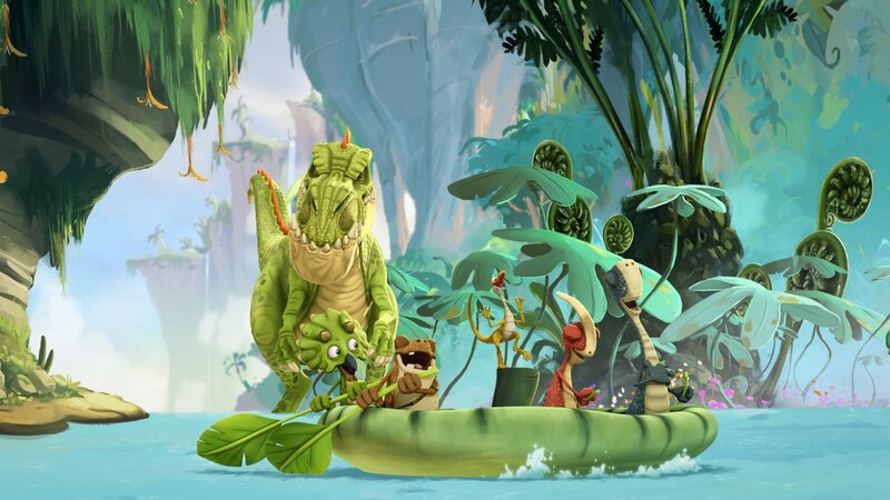 Dank Giganto gibt es wieder Wasser im Dinosaurierland. Bei einem lustigen Floß-Wettrennen bedanken sich die vier kleinen Dinosaurier bei ihrem Idol. – Bild: SUPER RTL