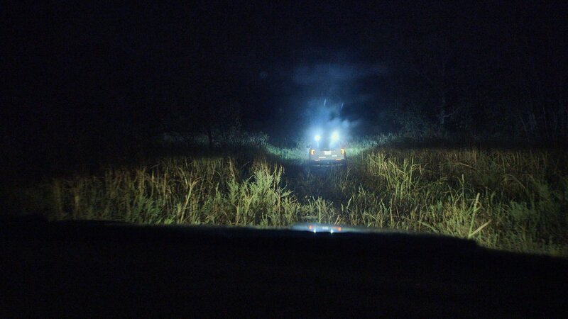 Die Szene zeigt eine nächtliche Aufnahme auf einem unbefestigten Weg oder Feldweg, der von hohen Gräsern umgeben ist. Im Vordergrund sind die Umrisse eines Fahrzeugs erkennbar, während im Hintergrund ein weiteres Fahrzeug mit eingeschalteten Scheinwerfern zu sehen ist. – Bild: Crime + Investigation /​ A+E Networks