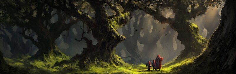 Drei vermummte Gestalten in roten Roben stehen auf einer Lichtung eines uralten Waldes, umgeben von gewaltigen, moosbedeckten Bäumen. – Bild: THE HISTORY CHANNEL /​ 3DD