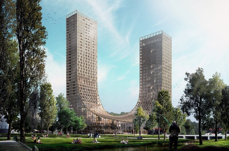 Die „Dutch Mountains“ sollen mit bis zu 130 Metern eines der höchsten Holz-Gebäude der Welt werden. Der Bau der beiden Türme soll bald beginnen. – Bild: Till Lehmann