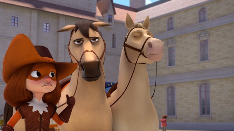 D’Artagnans (links) Pferd Planchet (Mitte) ist nicht glücklich, dass er wegen Tollpatschigkeit vom eleganten Saphir (rechts) ersetzt werden soll. – Bild: Method Animation – Palomar – ZDF – ZDF Studios