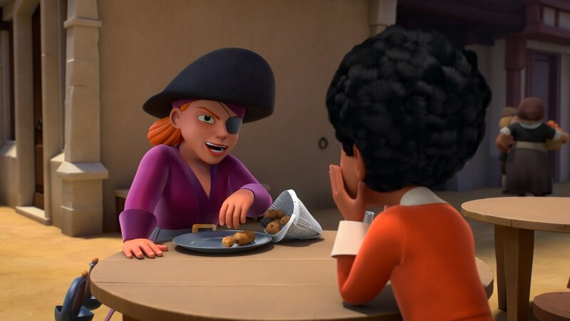 Alex (rechts) heuert bei der Piratin Lily Rouge (links) an, um den Musketieren bei der Suche nach dem Seefeuer zu helfen. – Bild: ZDF/​Method Animation/​Palomar/​ZDF Studios