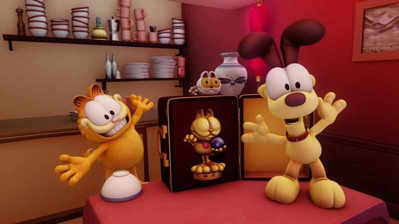 Nermal soll den Sommer bei Jon verbringen. Garfield passt das gar nicht. Kurzerhand packt er Nermal in eine Kiste und verschickt diese nach China. Leider landet auch Odie versehentlich darin. Als Garfield das bemerkt, versucht er alles, um ihn noch vor dem Start aus dem Flugzeug zu retten. Es kommt, wie es kommen muss: Alle drei landen in China! – Bild: HR/​DARGAUD MEDIA