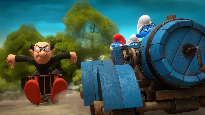 Schlaubi versucht, Papa Schlumpf zu befreien, doch Gargamel ist ihnen dicht auf den Fersen. – Bild: KiKA/​Peyo Productions, Dupuis Édition & Audiovisuell