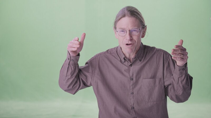 Eine Person steht vor einem einfarbigen grünen Hintergrund und gestikuliert mit beiden Händen – Bild: A+E Global Media, THE HISTORY CHANNEL