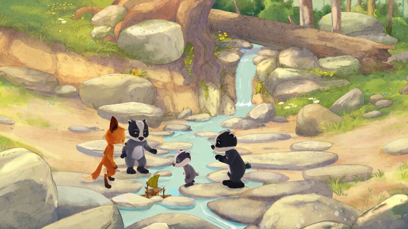 Rosie, die Zwillinge und Emmie entdecken im seichten Wasser des Flusses viele kleine Froscheier. – Bild: WDR/​Mediatoon