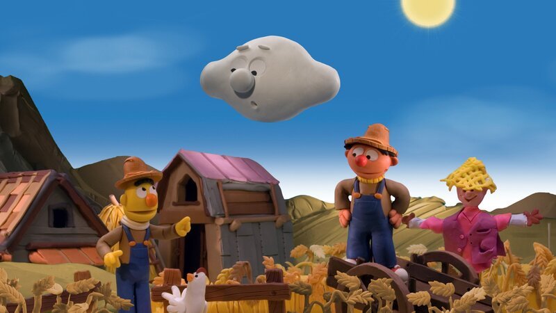 Ernie und Bert sind Landwirte, doch ihr Getreide will nicht wachsen, da es schon lange nicht mehr geregnet hat. Als Ernie eine kleine Wolke bittet, ihnen zu helfen, scheint das Wasserproblem erst einmal gelöst. – Bild: NDR/​Sesameworkshop