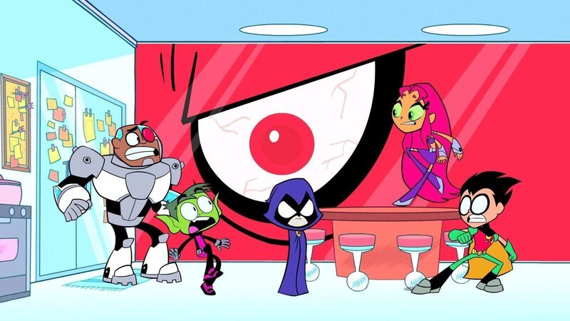 v.li.: Cyborg, Beast Boy, Trigon, Raven, Starfire, Robin – Bild: Turner /​ Warner Bros. Entertainment Inc.
