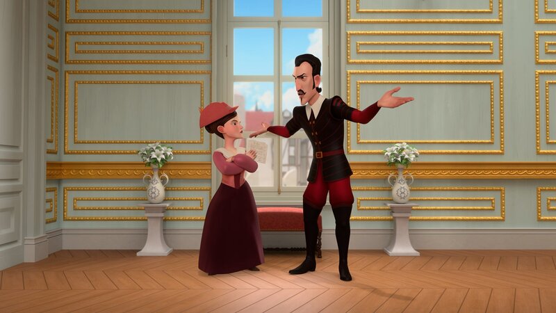 Gräfin Cancoillotte (links) wirft Richelieu (rechts) vor, ihre Spenden veruntreut zu haben. Dieser weiß angeblich von nichts. – Bild: ZDF/​Method Animation/​Palomar/​ZDF Studios