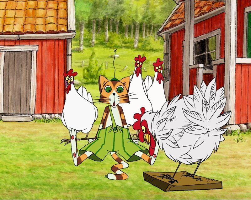 Fertig ist das Huhn-Attrappe vollgefüllt mit Pfeffer – Findus ist begeistert wie echt sie aussieht, nur die Hühner schauen skeptisch. – Bild: ZDF/​TV-Loonland