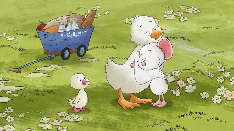 Am Weltknuddeltag zeigen sich alle im Heckenrosenweg, wie gern sie sich haben, so wie Tilda und Ida. – Bild: KiKA/​Mideu Films