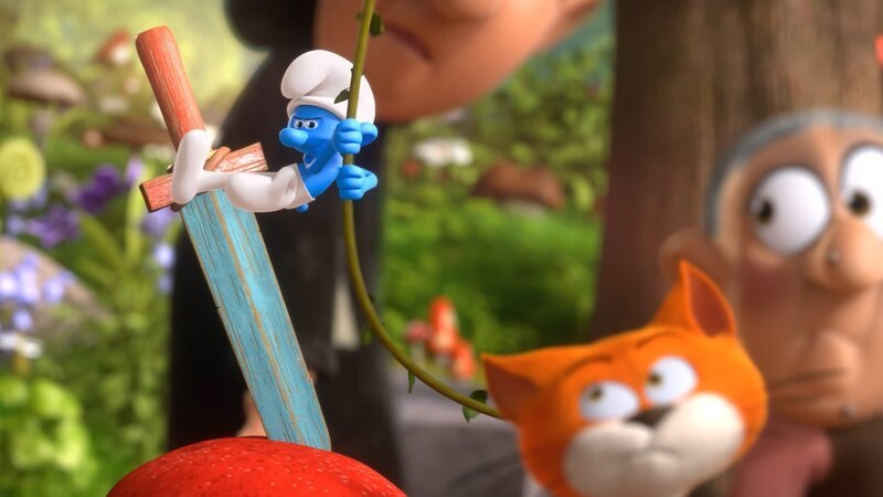 Ein einfacher Schlumpf versucht, die Falle zu aktivieren, um Gargamel zu fangen. – Bild: KiKA/​Peyo Productions, Dupuis Édition & Audiovisuell
