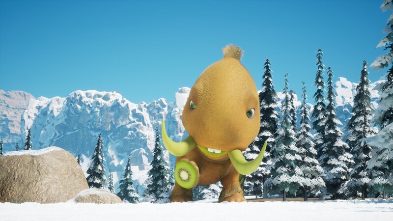 Ohne Schnee unter den Füßen möchte das Kiwi-Mammut-Baby keinen Schritt weiter gehen. – Bild: ZDF und Cheeky Little Media