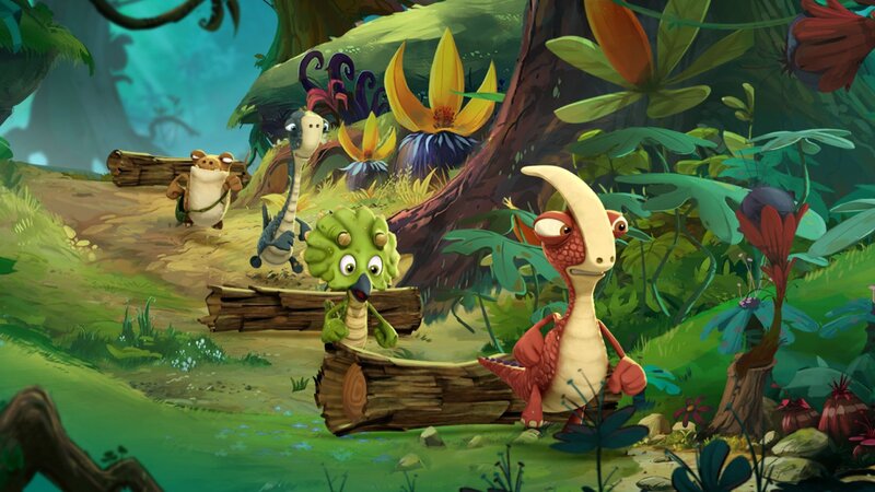 Mazu, Bill, Tiny und Rocky (v.l.n.r.) wollen Giganto mit ihren neuen Rennwagen zu einem Rennen herausfordern. – Bild: SUPER RTL