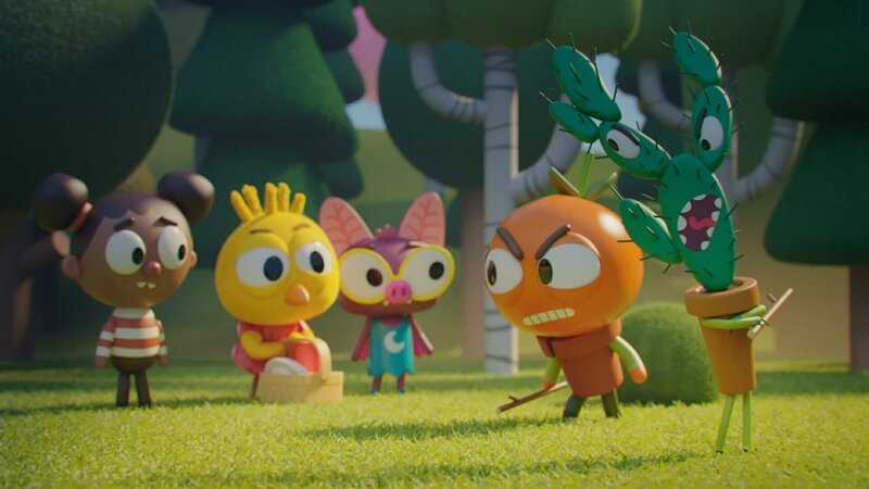 Beim Picknick im Park wollen Heinz (2. von rechts) und Spiky (rechts) Alex (links), Karla (2. von links) und Vampi (Mitte) nicht beim Aufbauen helfen. Das finden die Mädchen ziemlich unfair. – Bild: ZDF/​DR, Sparre Production, GODO Films