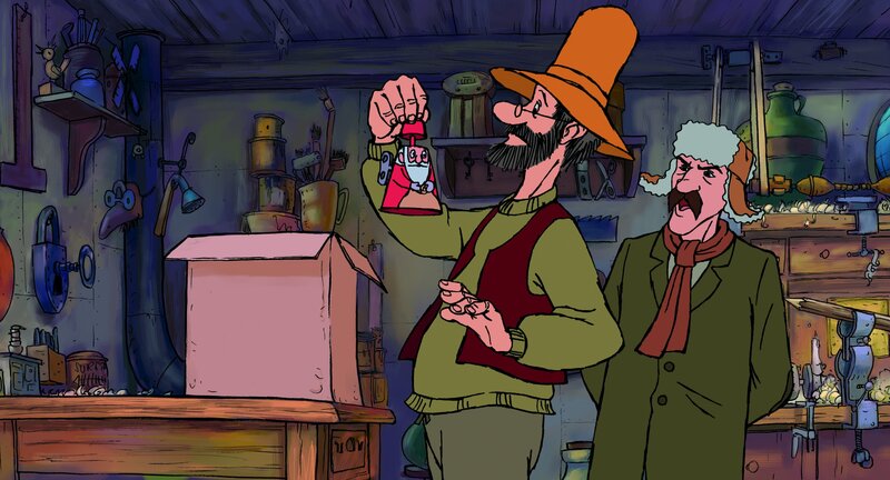 Nachbar Gustavsson (re.) bringt Pettersson eine Schachtel mit aufziehbaren Weihnachtsmännern, die der gut für seine Erfindung brauchen kann. – Bild: ZDF und Anders Sörensen