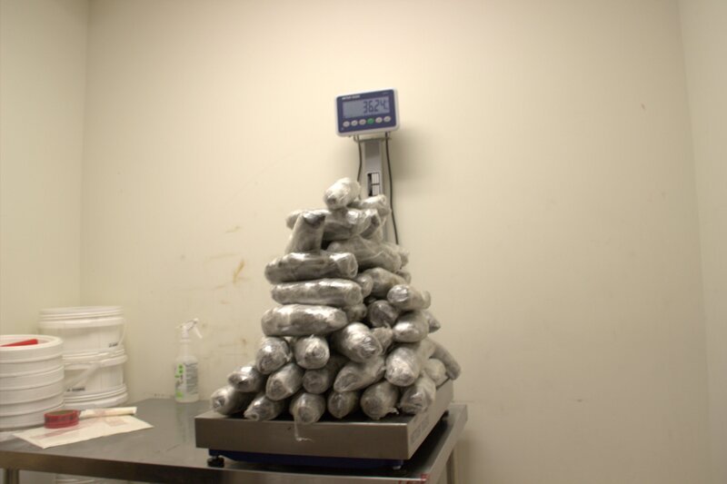 Pakete mit mutmaßlichen Betäubungsmitteln, die im Fahrzeug eines Verdächtigen gefunden wurden, werden in Calexico, Kalifornien, auf eine Waage gelegt, um ihr Gewicht zu bestimmen (National Geographic for Disney) – Bild: National Geographic for Disney /​ Disney