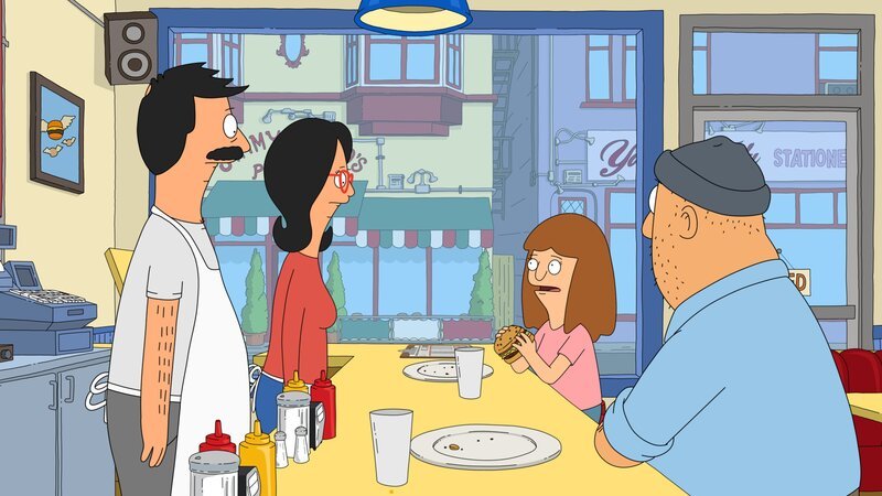 Lassen sich Bob (l.), Linda (2.v.l.) und Stammkunde Teddy (r.) von einem kleinen Mädchen (2.v.r.) übers Ohr hauen? – Bild: Fox and its related entities