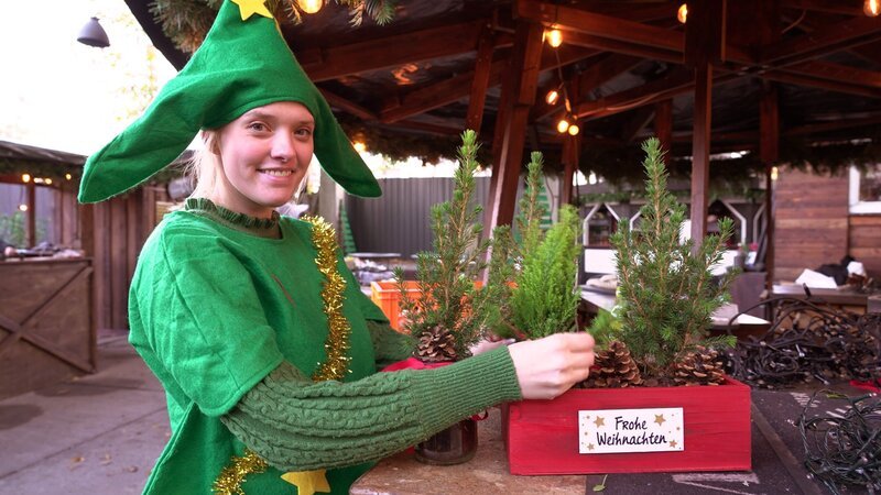Die Weihnachtsfeier in der Adventszeit … Jette Frenzel im Tannenkostüm hinter der Bar der Oberhafenkantine. – Bild: rbb/Ole Wessels Die Weihnachtsfeier in der Adventszeit … Jette Frenzel im Tannenkostüm hinter der Bar der Oberhafenkantine. – Bild: rbb/Ole Wessels