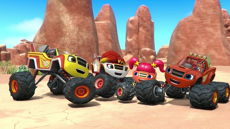 L-R: Blazes Vater, Blazes Mutter, Sparkle, Blaze und AJ. – Bild: Paramount