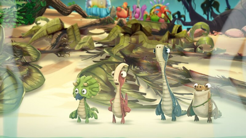 Tiny, Rocky, Bill und Mazu (v.l.n.r.) können nicht glauben, dass Giganto mutwillig den See verwüstet hat. – Bild: SUPER RTL