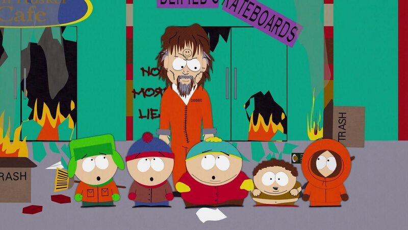 Kyle (l.), Stan (2.v.l.), Charles Manson (3.v.l.), Eric (3.v.r.), Kenny (r.) – Bild: ViacomCBS