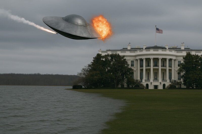 Ein UFO wird von einer Rakete getroffen, während es vor dem Weißen Haus fliegt, mit dem Lake Huron im Vordergrund. – Bild: Copilot