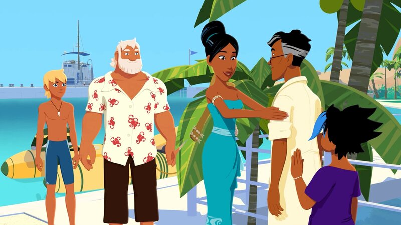 Aurus Mutter Tapuna (M.) besucht ihren Bruder Nino (2.v.r.) und dessen Tochter Maimiti (r.) im Meeresinstitut. Sie langweilt sich und möchte sich hier gerne etwas nützlich machen. Yann (l.) und Onkel Patrick (2.v.l.) wundern sich über Tapunas Besuch. – Bild: ZDF und Media Valley/​Marzipan Films