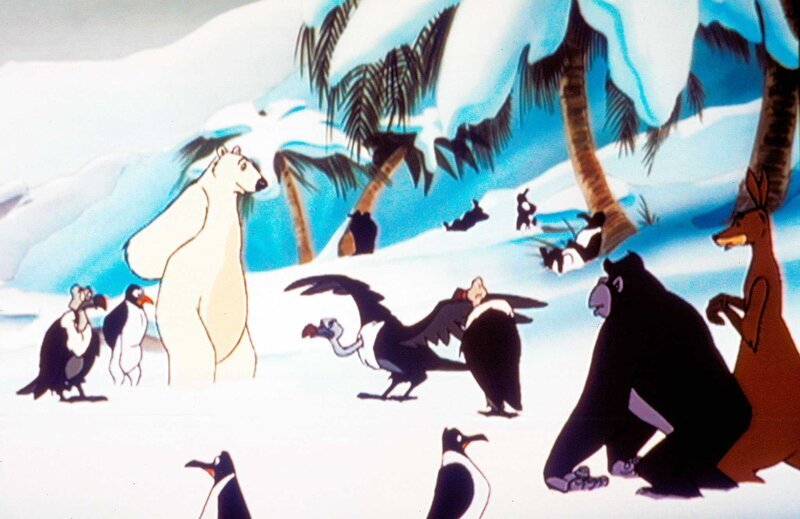 „Noahs Insel“, „Die Mammuthochzeit.“ Noahs Insel steckt im antarktischen Eis fest. Die Tiere sind enttäuscht von der Hilflosigkeit ihres Kapitän Rick. Sie wollen Noah wiederhaben und wählen den Eisbären auf seinen Posten zurück. Der neue alte Käpt’n und sein treuer Assistent Sascha zermartern sich den Kopf, wie sie den Feuerball wieder erwecken können. Sternschnuppen bringen Sascha dann auf die Idee, den Feuerball mit Hilfe einer Sternschnuppe wieder zu entfachen. Noah und sein Assistent begeben sich auf die Suche nach einer Sternschnuppe, während die anderen Tiere die Hochzeit der Mammuts feiern. – Bild: ORF (FS1/​FS2) /​ ORF1