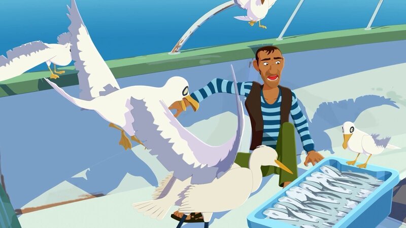 Rico verteidigt seinen Fischfang gegen hungrige Möwen, die auf seinem Boot auftauchen. – Bild: Media Valley/​Marzipan Films