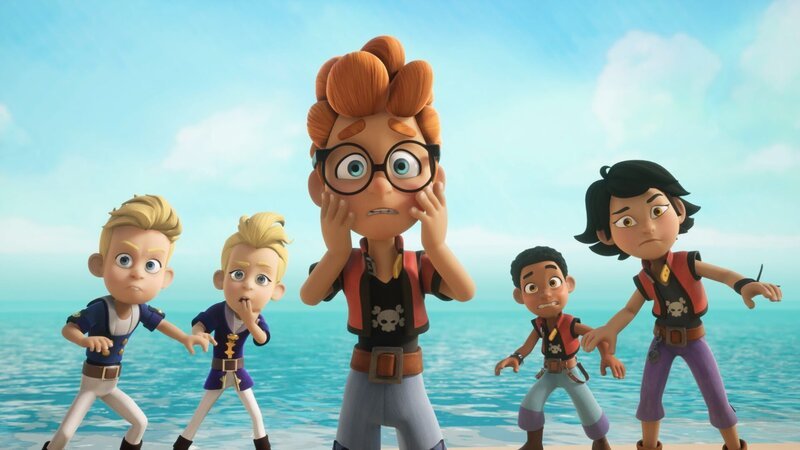 Bei einer Wettfahrt mit den Segelbooten sind die Mantas und die Sardinen auf einer einsamen Insel gestrandet. Von links: Die Zwillinge Gustav und Alina, Alexander, Finn und Zoe – Bild: ZDF und Method Animation – Mediawan kids & family
