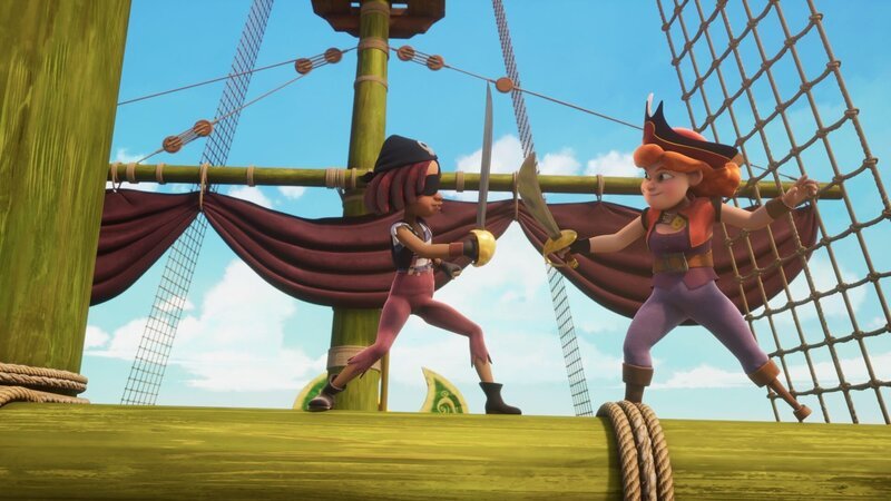 Aus mit der Freundschaft! Käpt’n Ella Säbelrost (l.) und Käpt’n Charlotte Raubein (r.) duellieren sich auf Piratenart. – Bild: ZDF und Method Animation – Mediawan kids & family