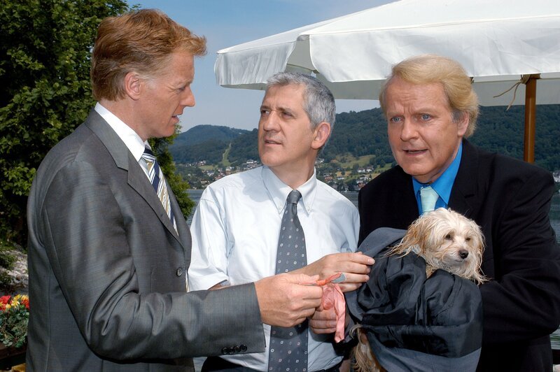 (v.li.): Albert Fortell (Felix Hofstätter), Ilja Richter (Peter Gonzel), Peter Fricke (Freddy Fontane). – Bild: ORF/​Hubert Mican