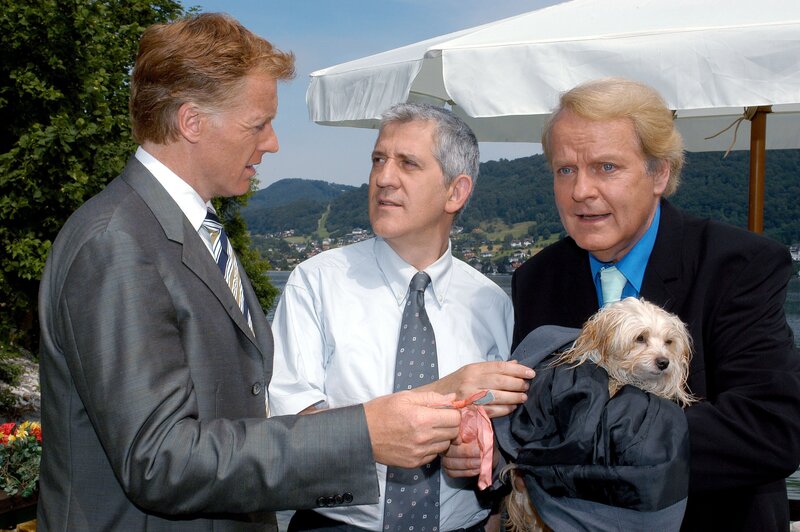 (v.li.): Albert Fortell (Felix Hofstätter), Ilja Richter (Peter Gonzel), Peter Fricke (Freddy Fontane). – Bild: ORF/​Hubert Mican