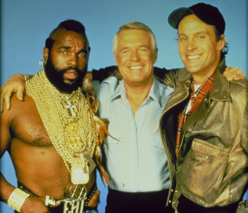 L-R: Mr. T als B.A. Baracus, George Peppard als John ‚Hannibal‘ Smith, Dwight Schultz als ‚Howling Mad‘ Murdock – Bild: TVP