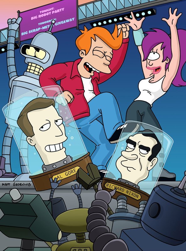 Noch ahnen Bender (l.), Fry (M.) und Leela (r.) nicht, welche Naturkatastrophe auf sie und auch auf Al Gore und Richard Nixon zukommt … – Bild: GLEN