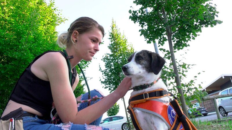 Anfallswarnhund. Jackie mit ihrer Sarabi. Der sensible Hund kennt sie gut und warnt Jackie vor plötzlich auftretenden dramatischen Panikattacken. Durch ihn fühlt sie sich in der Öffentlichkeit sicher. – Bild: BR/Ralph-Jürgen Schoenheinz Anfallswarnhund. Jackie mit ihrer Sarabi. Der sensible Hund kennt sie gut und warnt Jackie vor plötzlich auftretenden dramatischen Panikattacken. Durch ihn fühlt sie sich in der Öffentlichkeit sicher. – Bild: BR/Ralph-Jürgen Schoenheinz