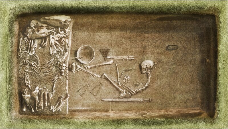 Eine Zeichnung des weiblichen Grabers der Birka nach der Ausgrabung. – Bild: ORF/​Urban Canyons 2019/​Evald Hansen/​Bethman