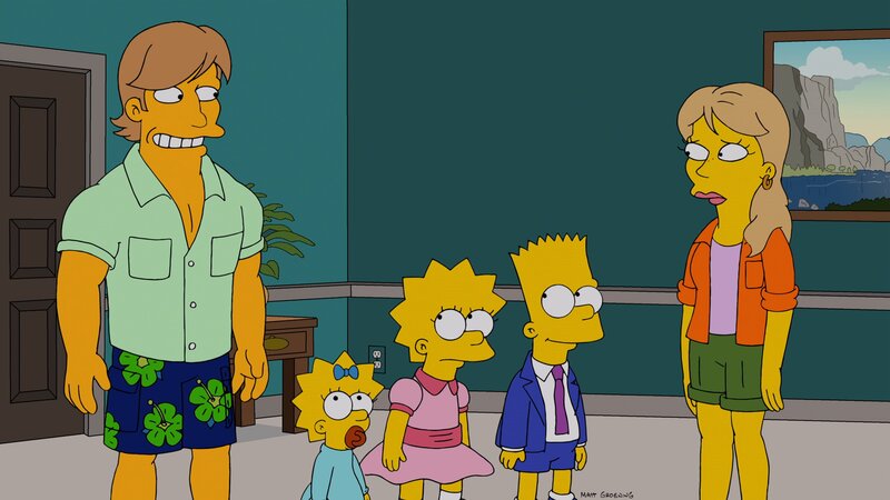 Ein schwerer Tornado sucht Springfield heim und  Homer und Marge geraten in Lebensgefahr. Damit ihre Kinder abgesichert sind, falls ihnen was zustoßen sollte, suchen sie für Bart (2.v.r.), Lisa (M.) und Maggie (2.v.l.) einen Vormund. Doch sind Mav (l.) und Portia (r.) wirklich dafür geeignet? – Bild: Twentieth Century Fox Film Corporation