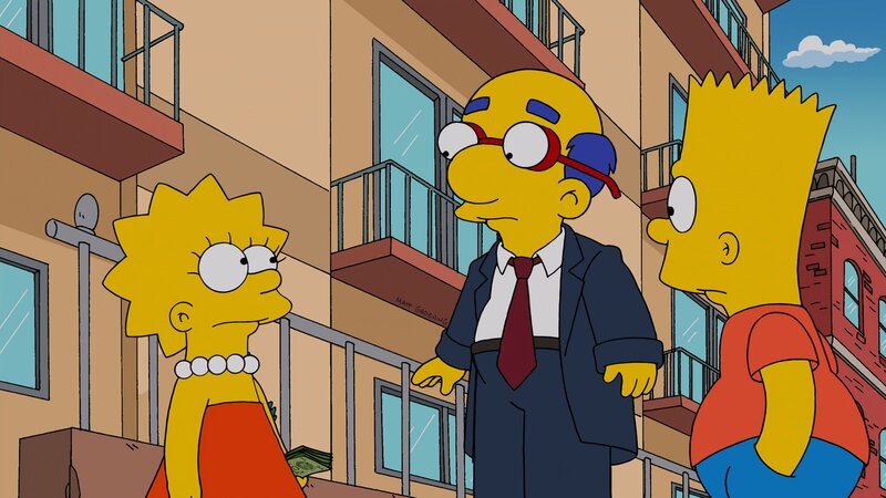 „Die Simpsons“, „Eine Glatze macht noch keinen Kirk.“ Durch ein Rasurexperimtent kommt Bart zufällig darauf, dass Milhouse wie sein Vater aussieht, wenn man ihn altersgerecht herrichtet. Die zwei Freunde nutzen diesen Umstand natürlich gleich für lauter Unfug aus. Währenddessen versucht Marge der Familie beizubringen, wie schädlich und stupide Kinderfernsehen ist, und verhängt ein Fernsehverbot. – Bild: Twentieth Century Fox Film Corporation