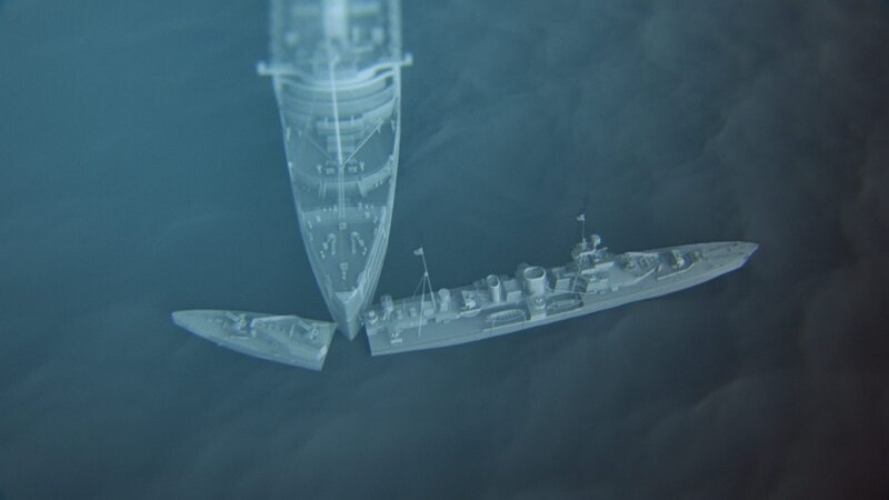 CGI showing how Queen Marry strikes Curacao breaking her into two. – Bild: MSP