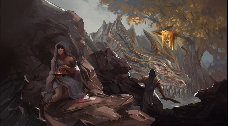 Zwei Gestalten stehen in felsigem Gelände nahe einem gewaltigen Drachen, der teilweise hinter Bäumen verborgen ist, während ein goldenes Tuch von einem Ast hängt. – Bild: THE HISTORY CHANNEL /​ 3DD