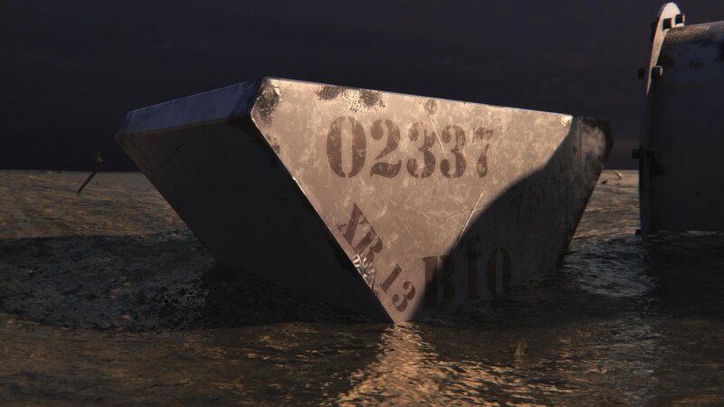 Lucona-Wrack: Ein Objekt im Trümmerfeld mit schablonierten Zahlen und Buchstaben, die genau denen im Lucono-Manifest entsprechen. Dadurch konnte das Objekt zu Udo Proksch zurückverfolgt werden. Die Lucona wurde im Januar 1977 durch eine Zeitbombe versenkt, die der österreichische Geschäftsmann Udo Proksch an Bord platziert hatte. – Bild: NCG NETWORK LLC. All Rights Reserved.